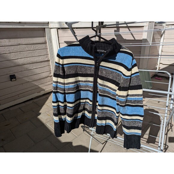 Carolyn Taylor Size Small Baby Blue White And Black Striped Knit Zip Up Sweater - Picture 1 of 12